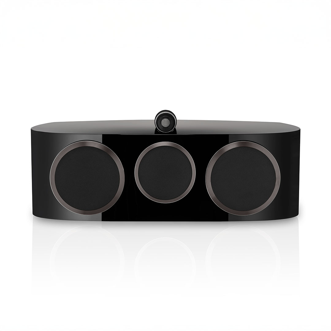 Black modern speaker with three circular drivers.