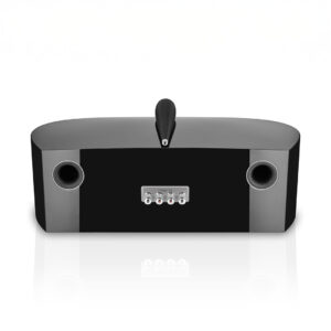 Back view of black speaker with connectors