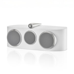 White speaker with three circular drivers.