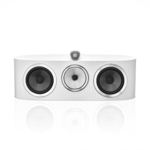 White speaker with three circular drivers.