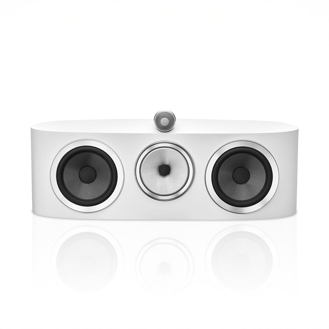 White speaker with three circular drivers.