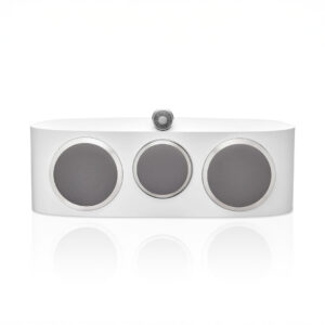 White modern audio speaker with three drivers.