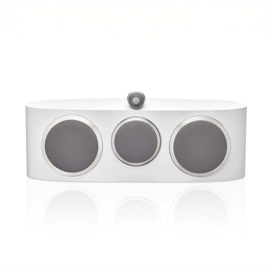 White modern audio speaker with three drivers.
