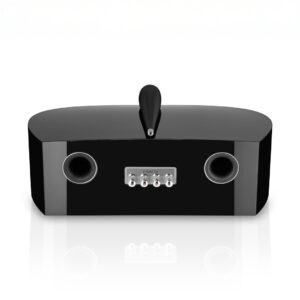 Black HD speaker with dual outputs and modern design.