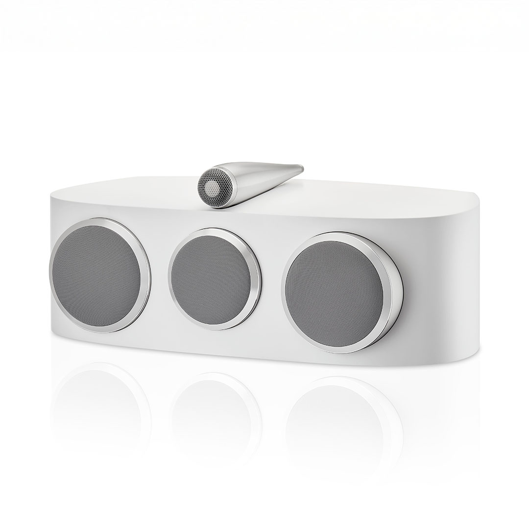 White wireless speaker with three circular drivers