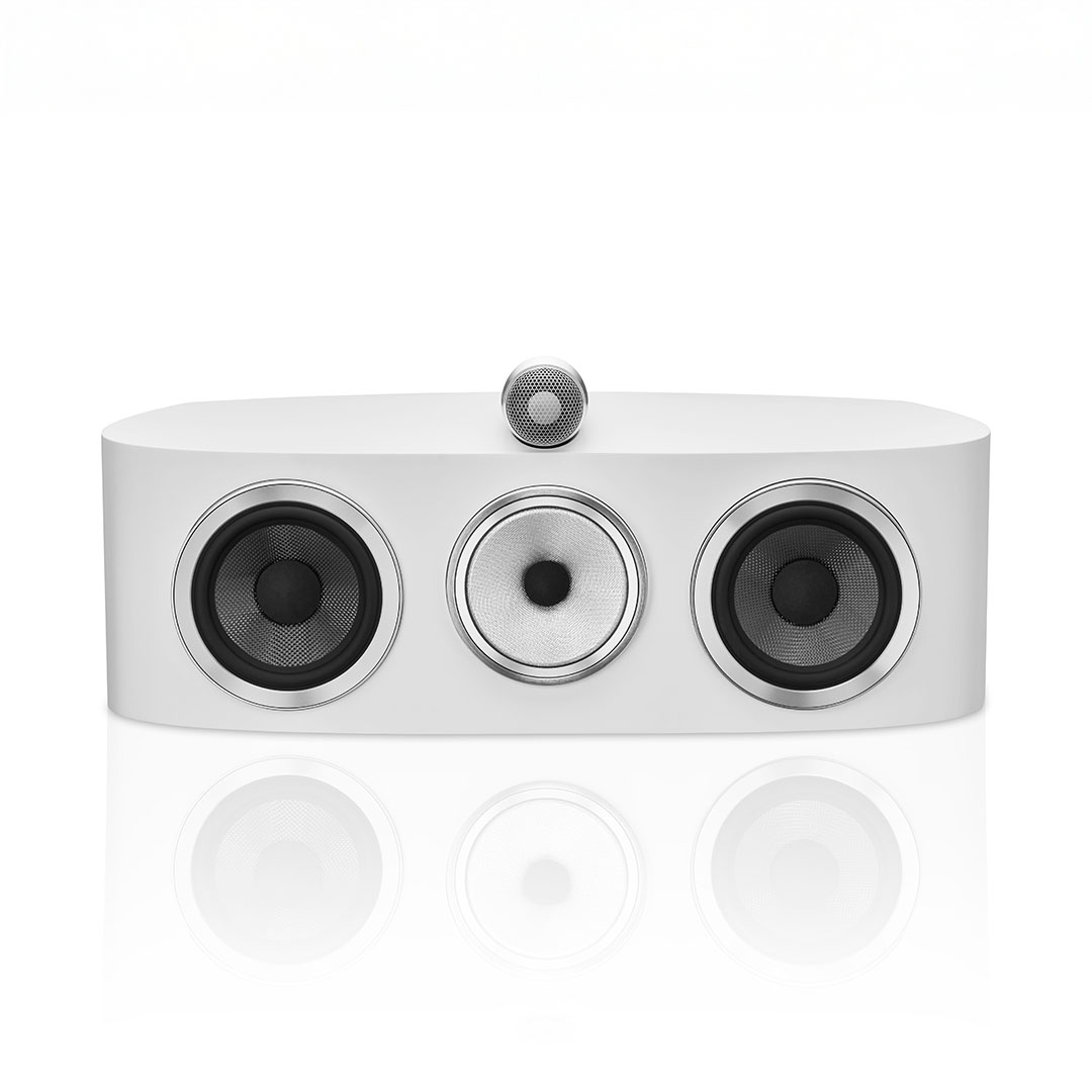 White speaker with three drivers and tweeter.