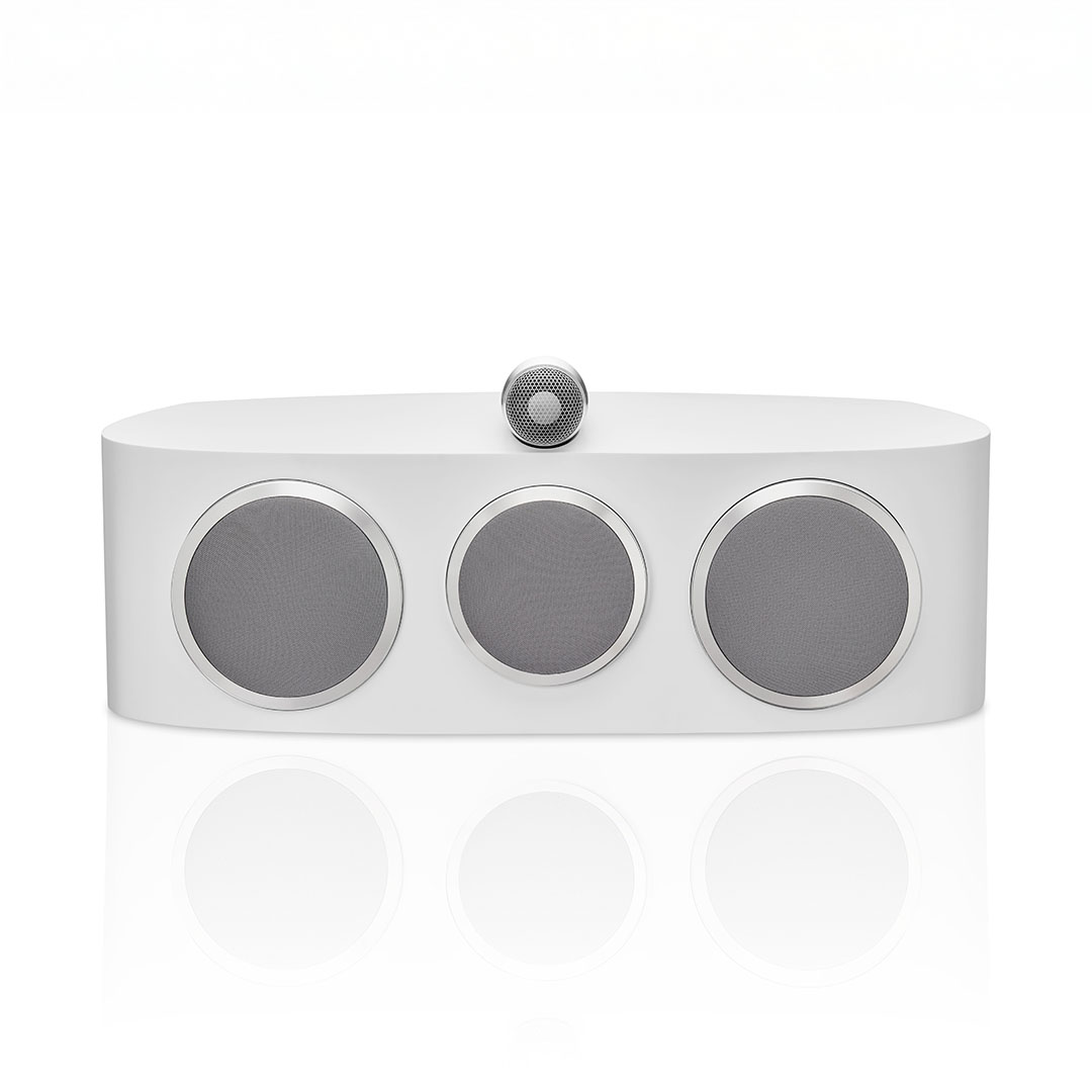 Modern white speaker with three circular drivers.