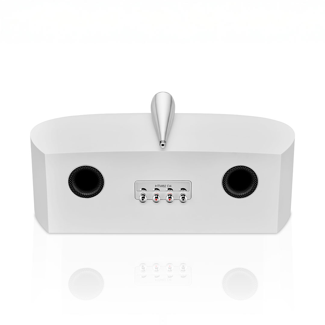 Rear view of white modern center speaker.