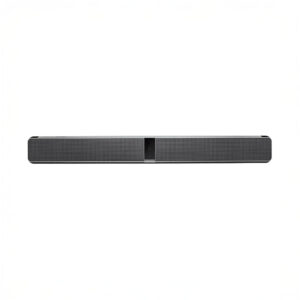 Black rectangular soundbar speaker on white background.