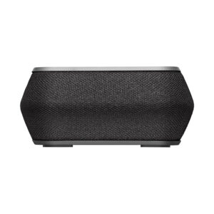 Black wireless speaker with textured surface.
