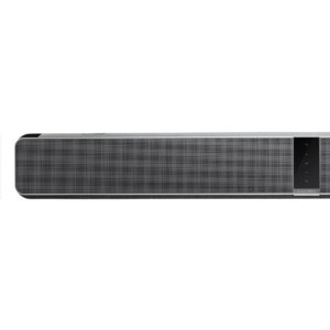 Sleek black soundbar with digital display screen.