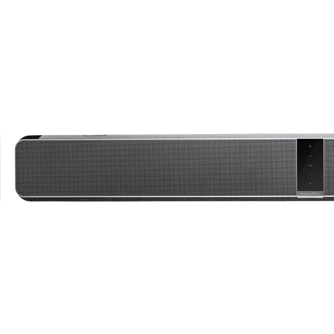 Sleek black soundbar with digital display screen.