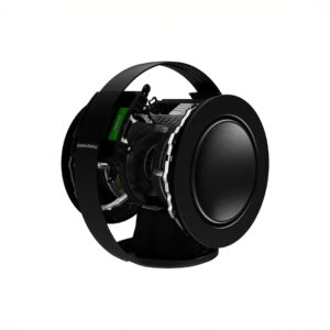 High-tech speaker with exposed internals, black design.