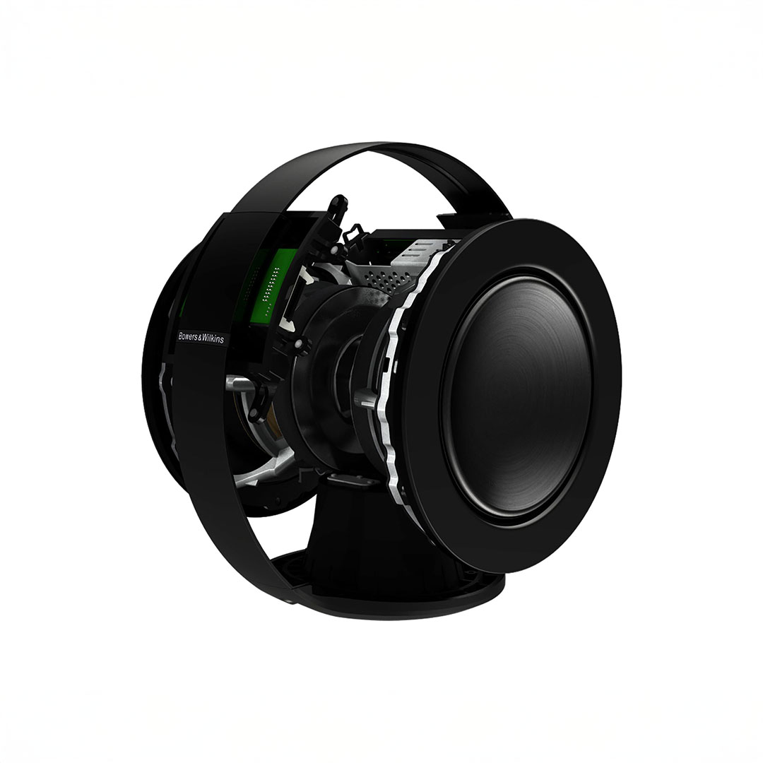 High-tech speaker with exposed internals, black design.