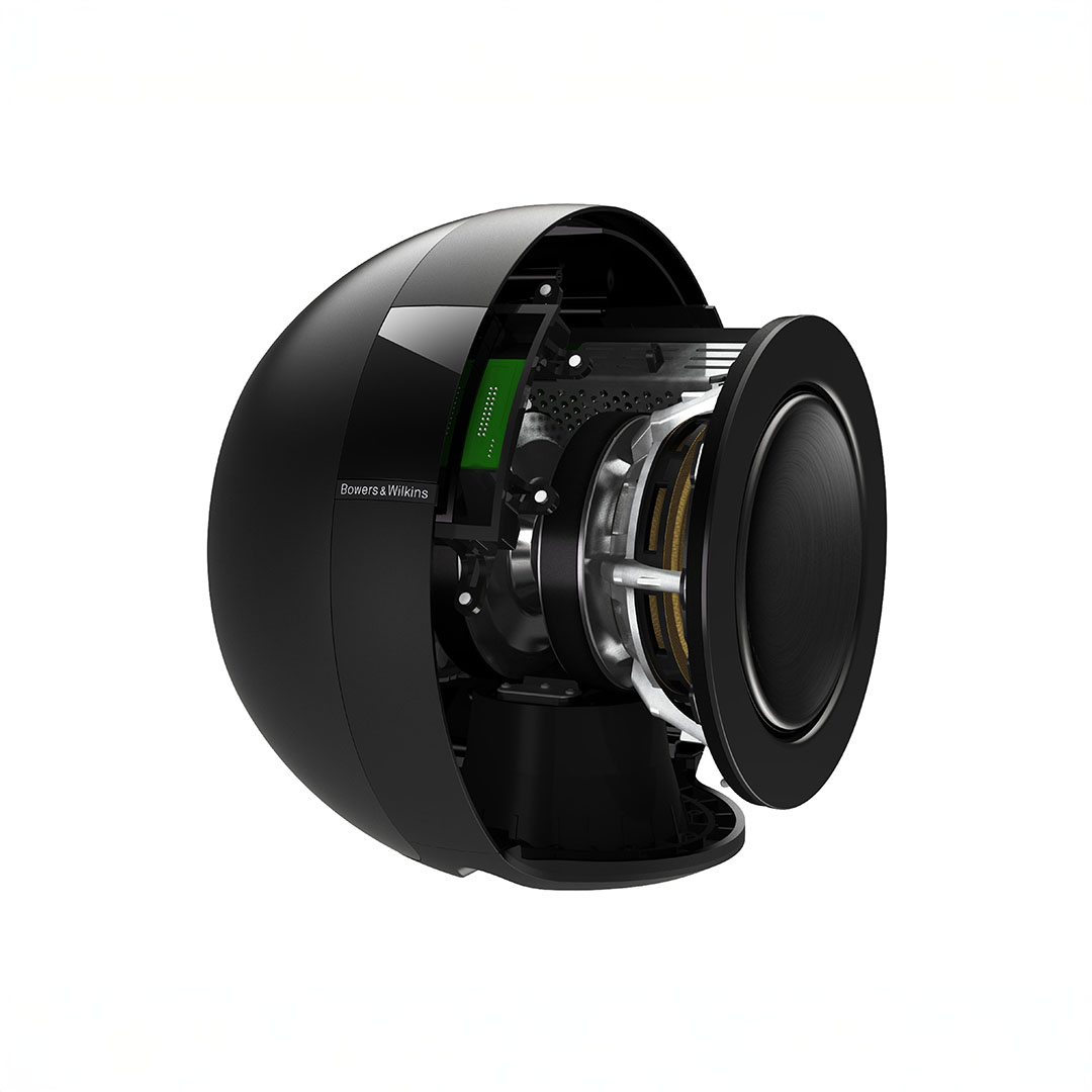 Cutaway view of black spherical speaker interior