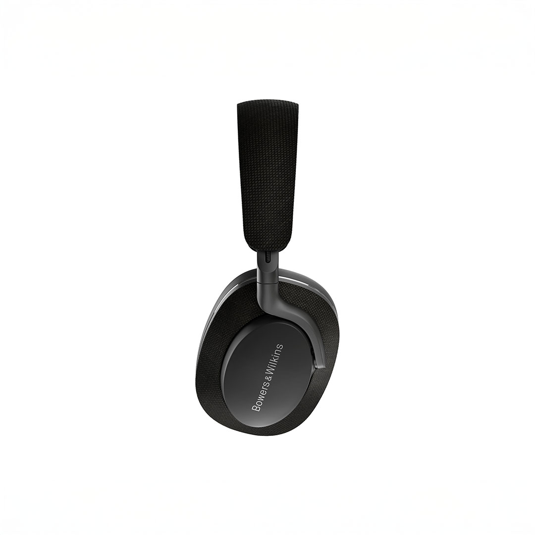 Black over-ear headphones, side view.