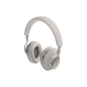 White wireless headphones with padded earcups.