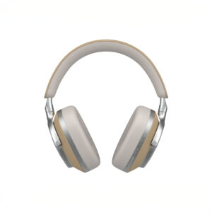 Silver wireless headphones on white background.