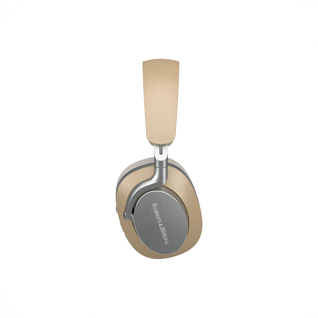 Beige and silver headphones, side view