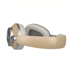 Beige and silver over-ear headphones, sleek design.