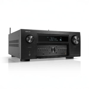 Denon AV receiver with Dolby Atmos and Blu-ray display.