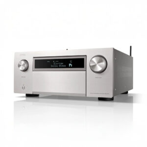 Silver AV receiver with Dolby Atmos display
