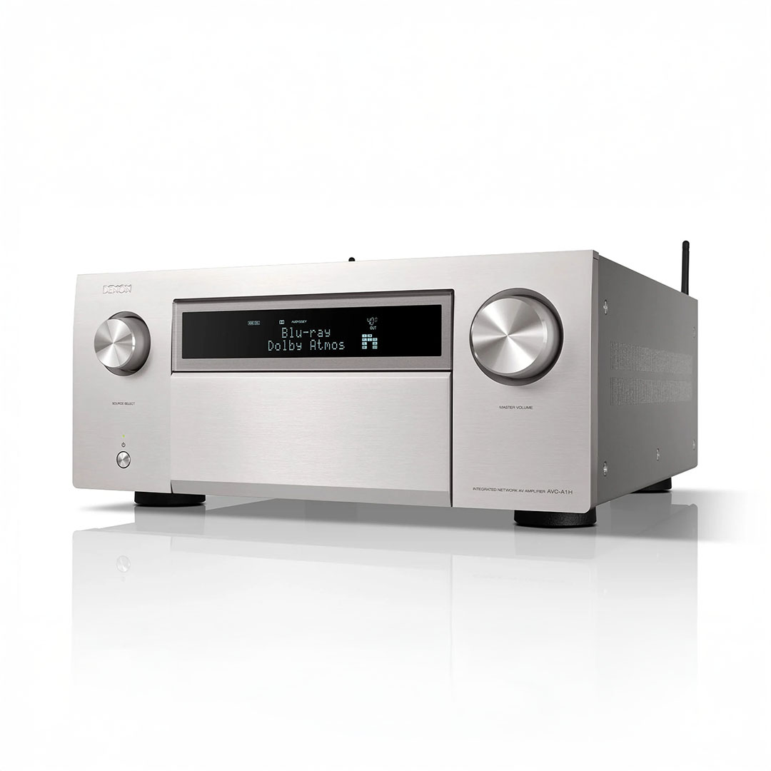 Silver AV receiver with Dolby Atmos display