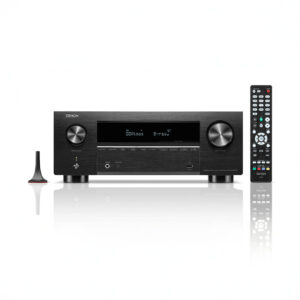 Denon stereo receiver with remote and microphone.
