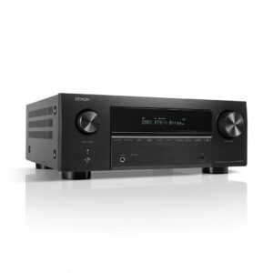 Denon black audio receiver with display and knobs.