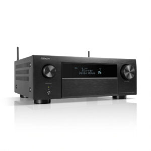 Black Denon AV receiver with Dolby Atmos
