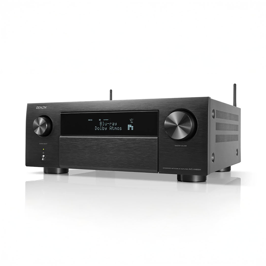 Black audio receiver with Dolby Atmos display.