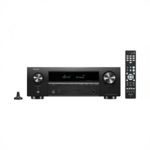 Black audio receiver with remote and control knob