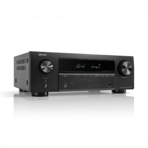 Denon AV receiver with digital display and controls.