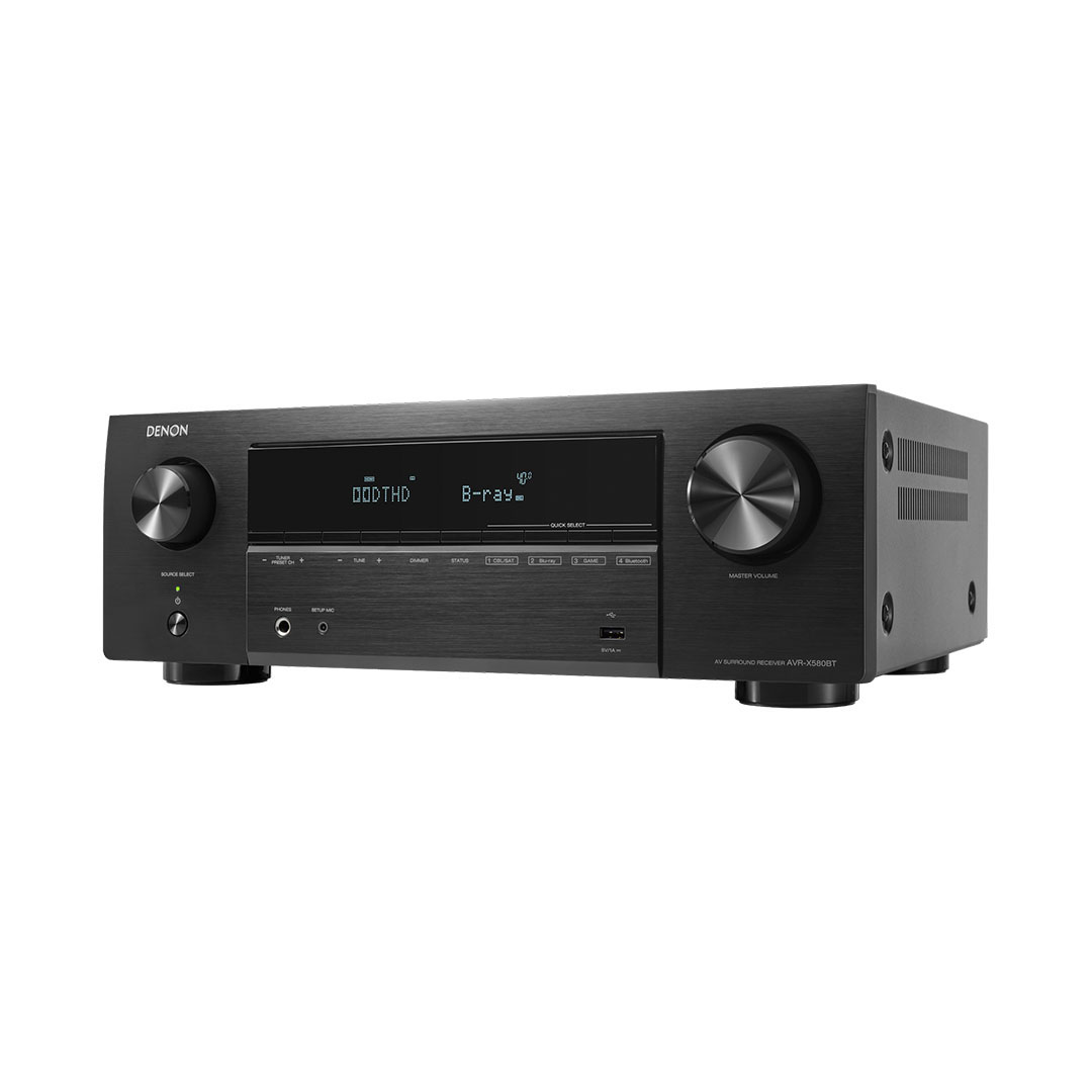 Black audio receiver with digital display and knobs