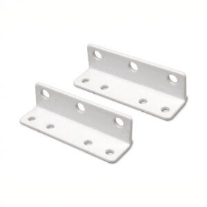 Two white metal angle brackets for mounting