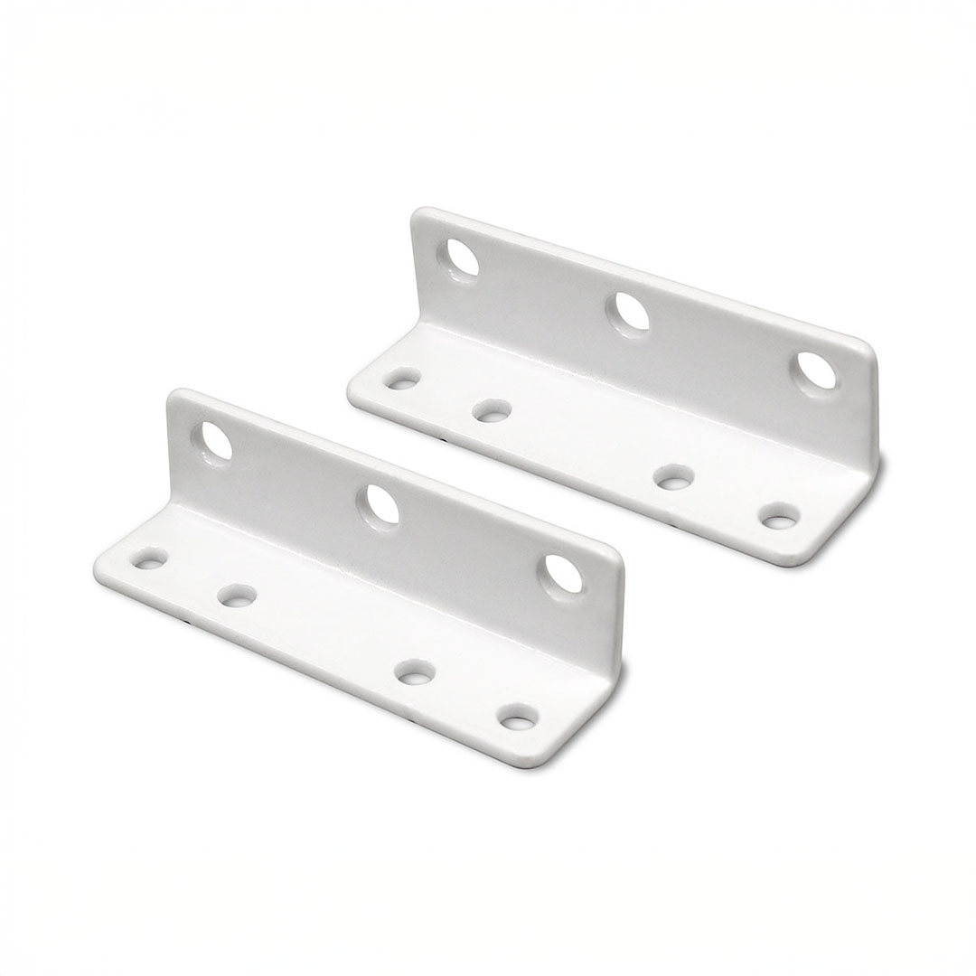 Two white metal angle brackets for mounting