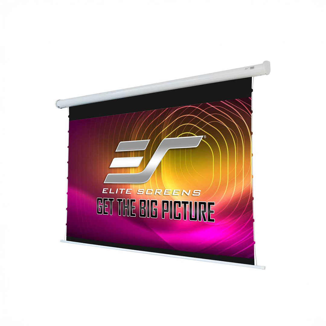 Elite Screens projector screen with vibrant colors.
