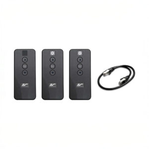 Three remote controls and cable on white background.