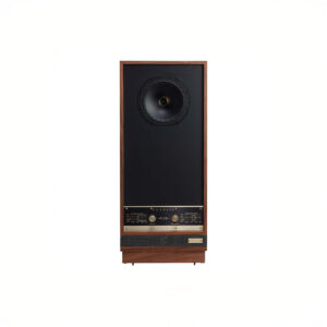 Vintage-style wooden speaker with black front panel