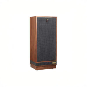 Vintage wooden floor speaker with gray grille