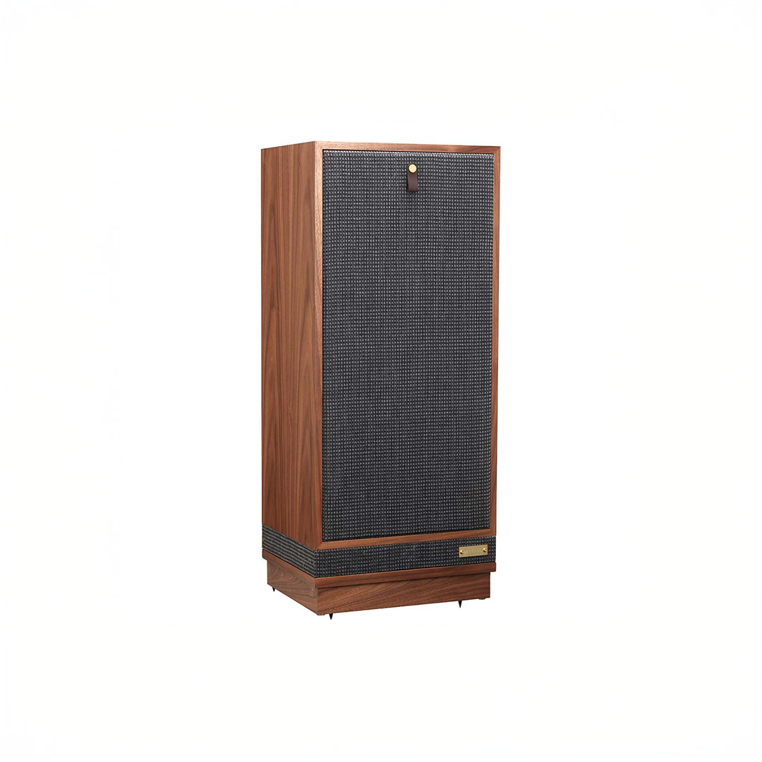 Vintage wooden floor speaker with gray grille