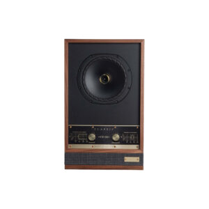 Vintage wooden speaker with black front panel.