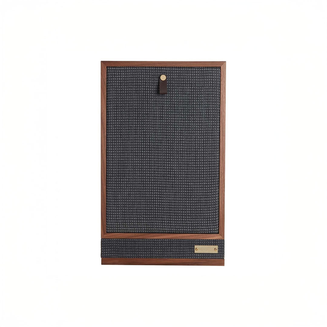 Vintage wooden framed speaker with textured black grille.