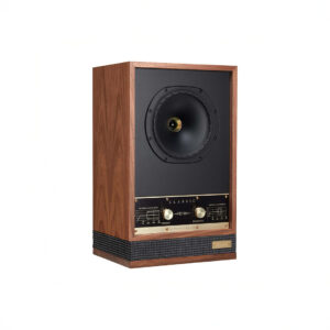 Vintage wooden speaker with black and gold elements.