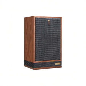 Retro-style wooden speaker with black grille.