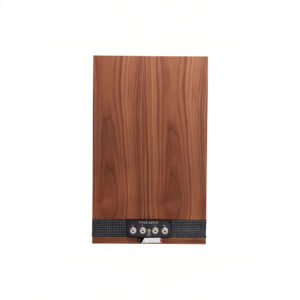 Rear view of wooden audio speaker panel