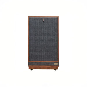 Retro wooden speaker with black fabric cover.