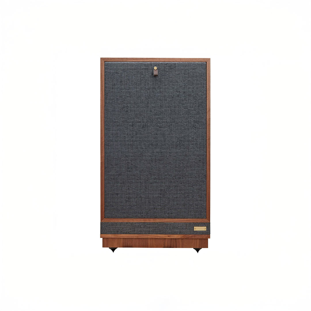 Retro wooden speaker with black fabric cover.
