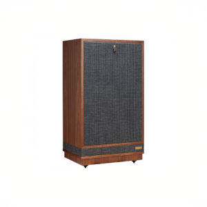 Wooden speaker with gray fabric front grille.