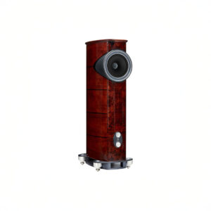 High-end wooden floor-standing speaker with modern design.